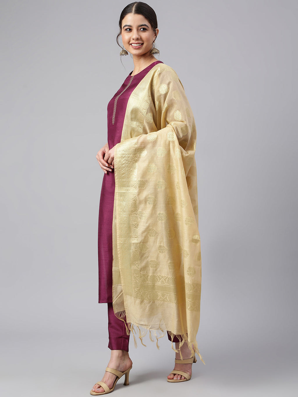 Janasya Women's Wine Poly Silk Embellished Kurta With Pant And Dupatta - Distacart