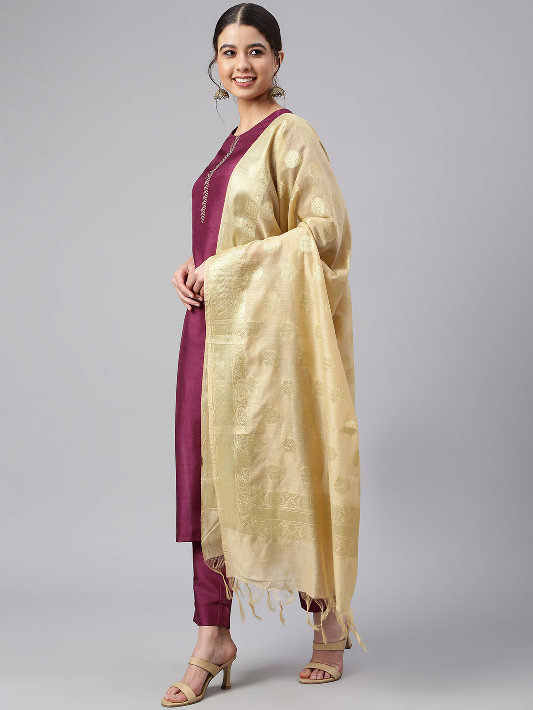 Janasya Women's Wine Poly Silk Embellished Kurta With Pant And Dupatta - Distacart