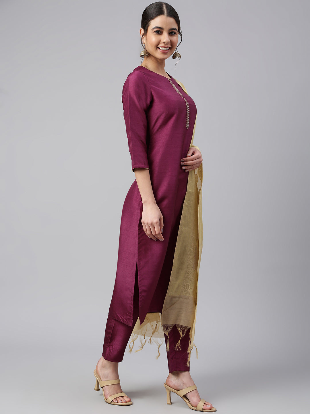 Janasya Women's Wine Poly Silk Embellished Kurta With Pant And Dupatta - Distacart