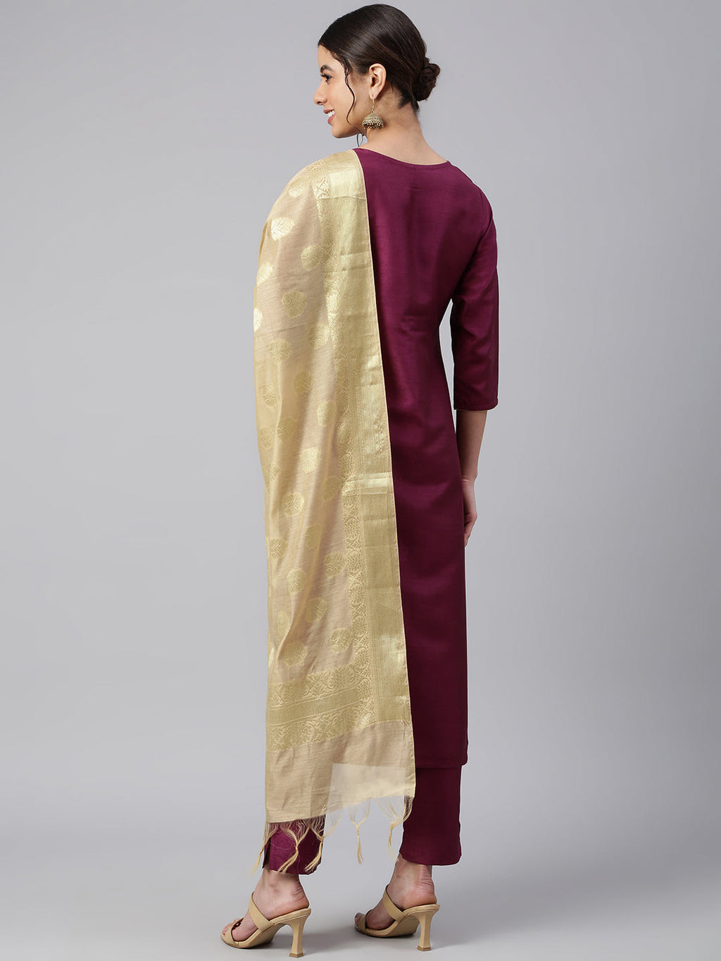 Janasya Women's Wine Poly Silk Embellished Kurta With Pant And Dupatta - Distacart