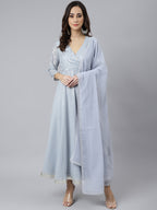 Janasya Women's Grey Georgette Foil Print Kurta With Dupatta - Distacart