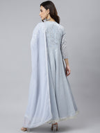 Janasya Women's Grey Georgette Foil Print Kurta With Dupatta - Distacart