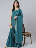 Janasya Women's Teal Georgette Embossed Gold Print Top With Gharara And Dupatta - Distacart