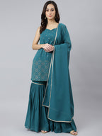 Janasya Women's Teal Georgette Embossed Gold Print Top With Gharara And Dupatta - Distacart