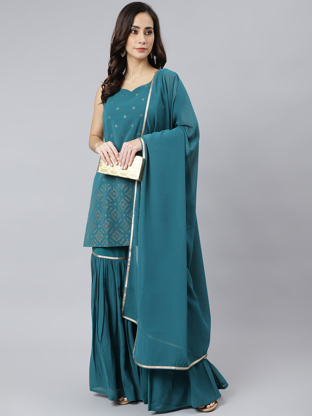 Janasya Women's Teal Georgette Embossed Gold Print Top With Gharara And Dupatta - Distacart