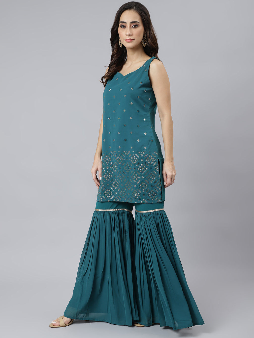 Janasya Women's Teal Georgette Embossed Gold Print Top With Gharara And Dupatta - Distacart