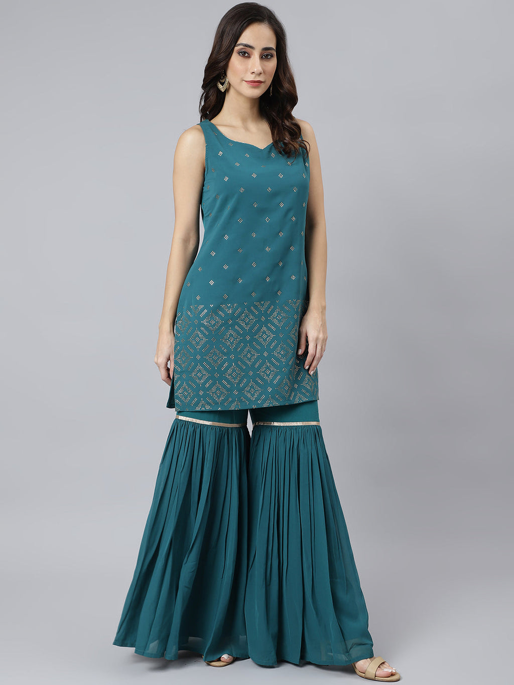 Janasya Women's Teal Georgette Embossed Gold Print Top With Gharara And Dupatta - Distacart