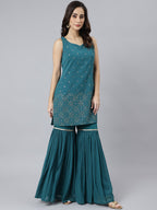 Janasya Women's Teal Georgette Embossed Gold Print Top With Gharara And Dupatta - Distacart