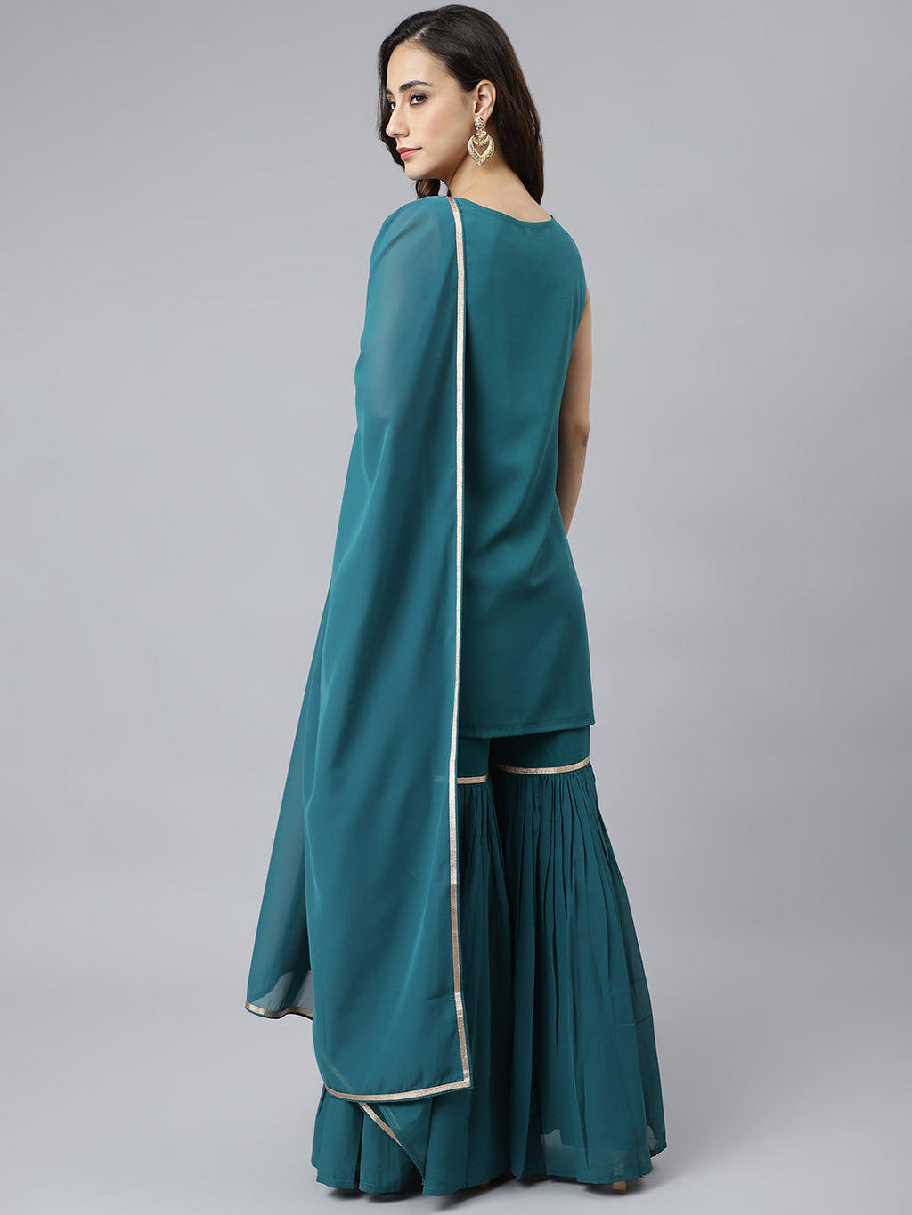 Janasya Women's Teal Georgette Embossed Gold Print Top With Gharara And Dupatta - Distacart