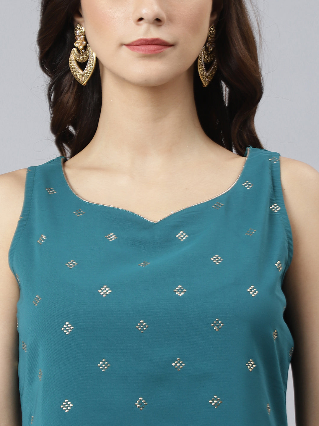 Janasya Women's Teal Georgette Embossed Gold Print Top With Gharara And Dupatta - Distacart