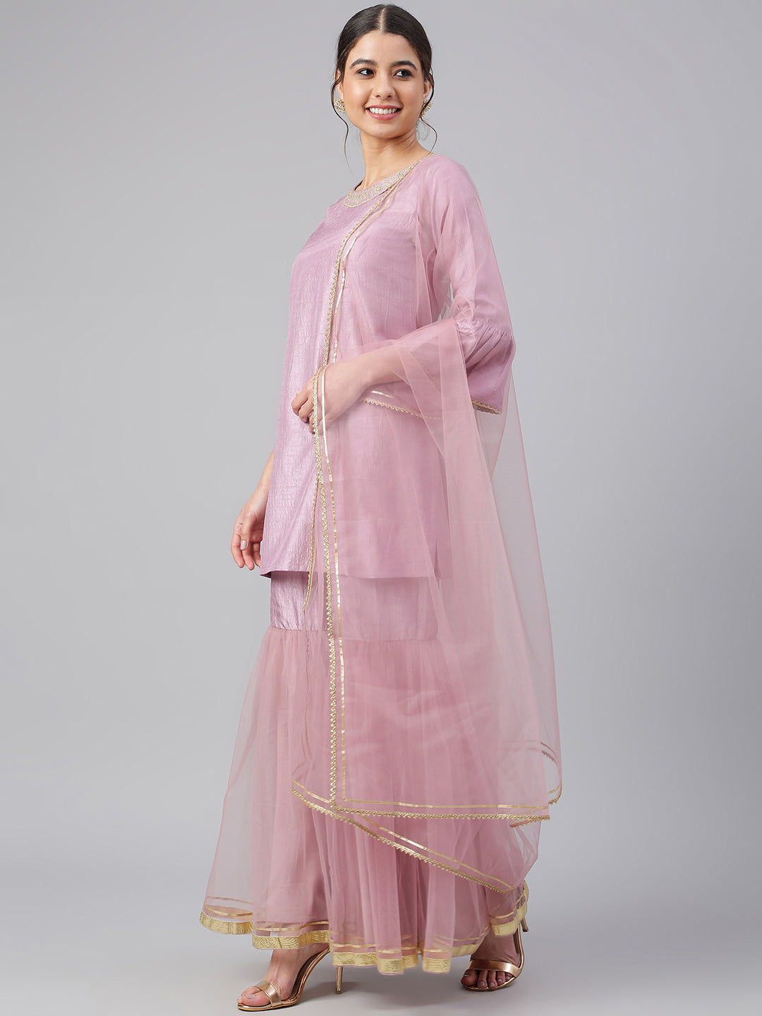 Janasya Women's Mauve Poly Silk Solid Kurta With Gharara And Dupatta - Distacart