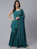 Janasya Women's Teal Green Crepe Gotta Lace Kurta With Sharara And Dupatta - Distacart