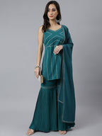 Janasya Women's Teal Green Crepe Gotta Lace Kurta With Sharara And Dupatta - Distacart