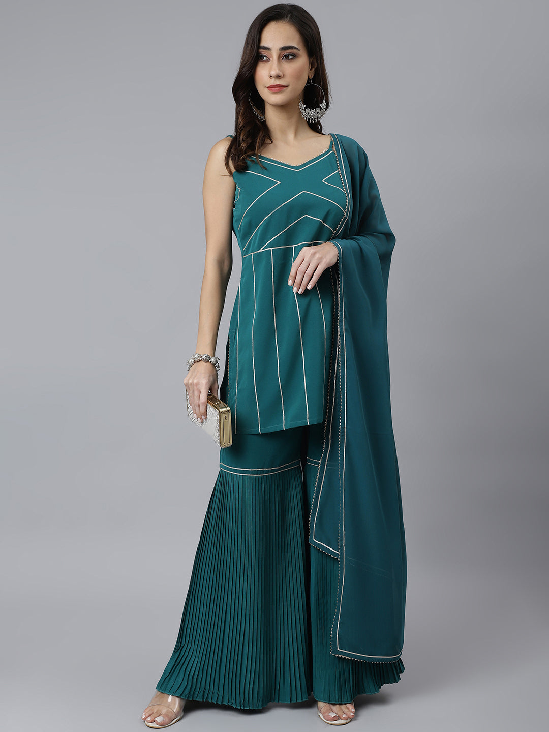 Janasya Women's Teal Green Crepe Gotta Lace Kurta With Sharara And Dupatta - Distacart