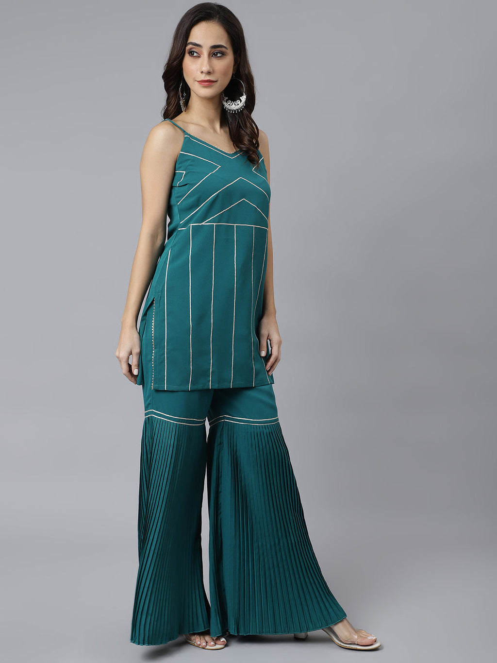Janasya Women's Teal Green Crepe Gotta Lace Kurta With Sharara And Dupatta - Distacart