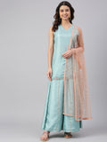 Janasya Women's Sea Green Poly Silk Embroidered Kurta With Sharara And Dupatta - Distacart