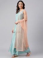 Janasya Women's Sea Green Poly Silk Embroidered Kurta With Sharara And Dupatta - Distacart