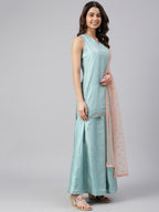 Janasya Women's Sea Green Poly Silk Embroidered Kurta With Sharara And Dupatta - Distacart