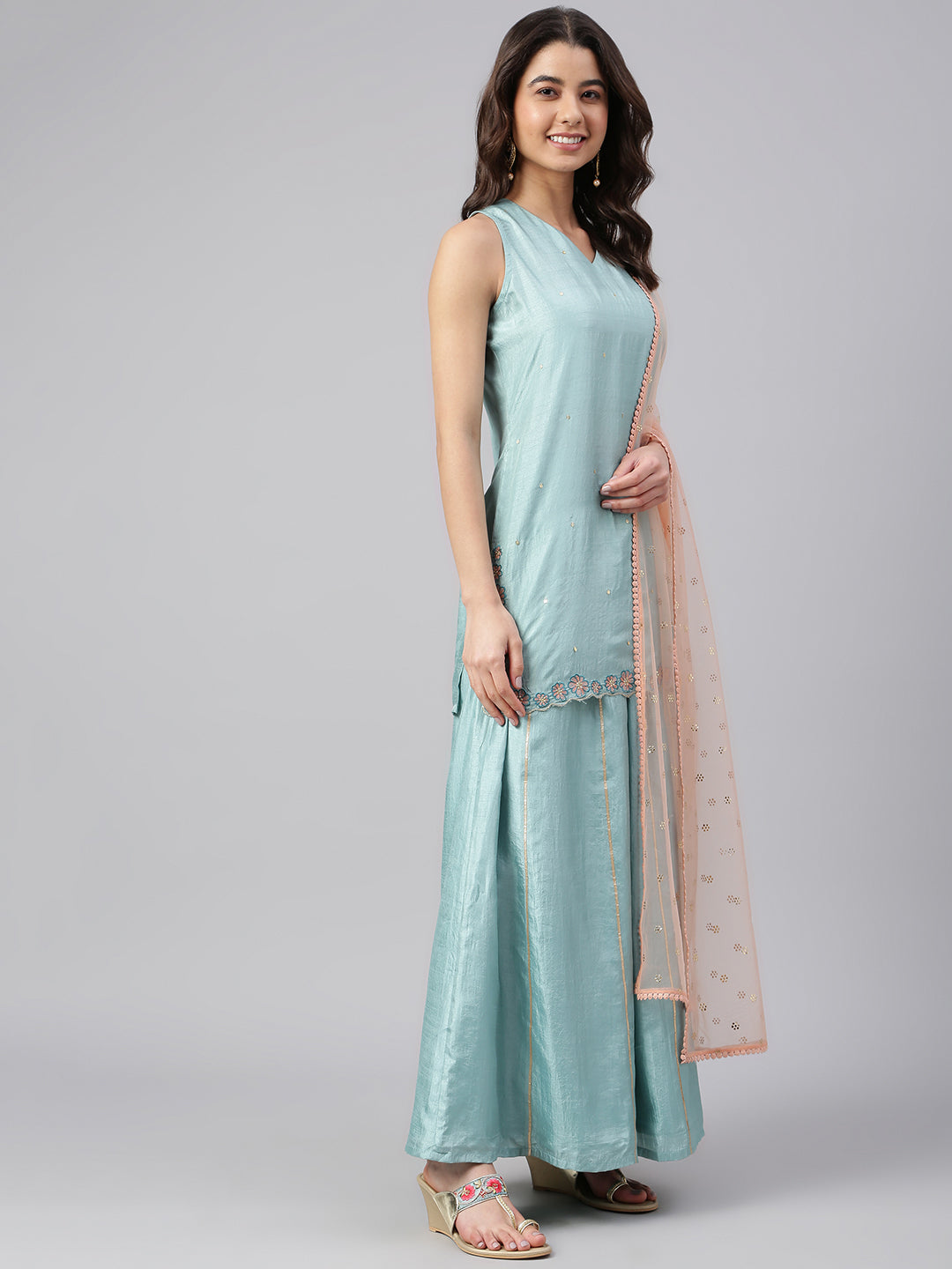 Janasya Women's Sea Green Poly Silk Embroidered Kurta With Sharara And Dupatta - Distacart