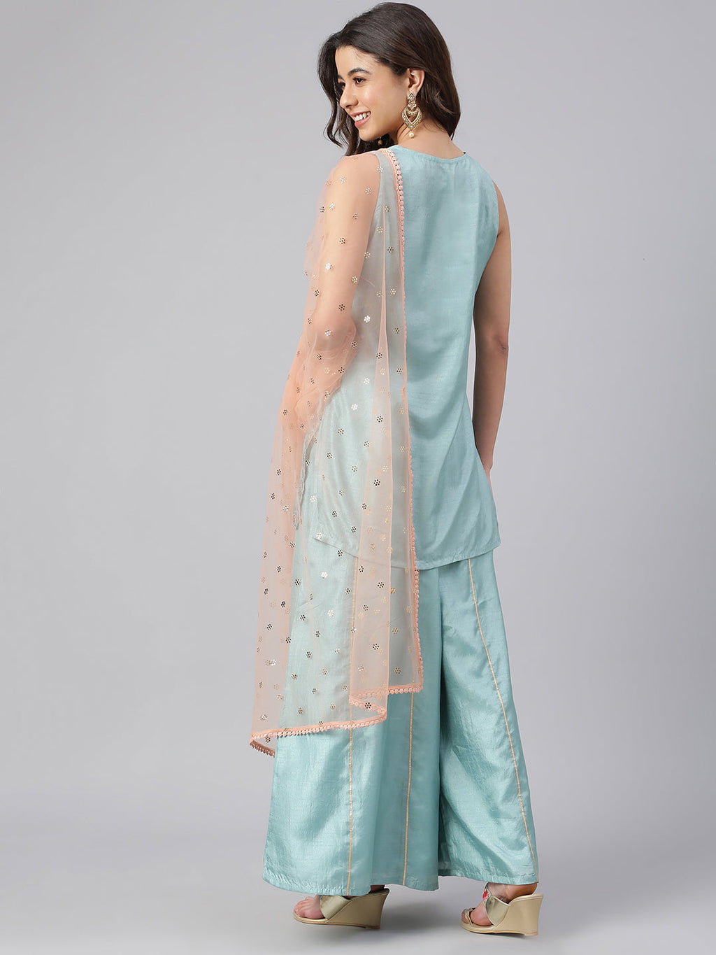 Janasya Women's Sea Green Poly Silk Embroidered Kurta With Sharara And Dupatta - Distacart