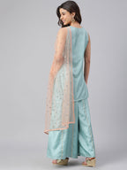 Janasya Women's Sea Green Poly Silk Embroidered Kurta With Sharara And Dupatta - Distacart