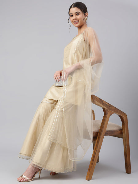 Janasya Women's Beige Poly Silk Embellished Kurta With Gharara And Dupatta