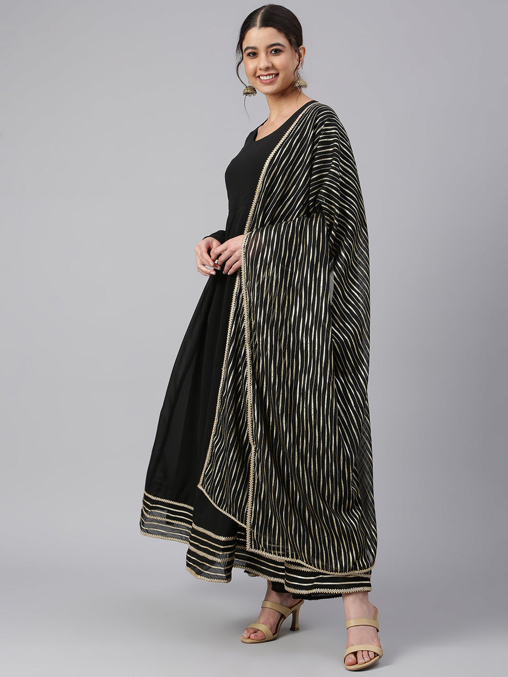 Janasya Women's Black Georgette Solid Kurta With Dupatta - Distacart