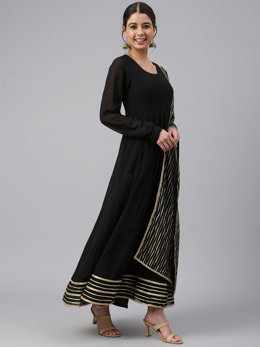 Janasya Women's Black Georgette Solid Kurta With Dupatta - Distacart