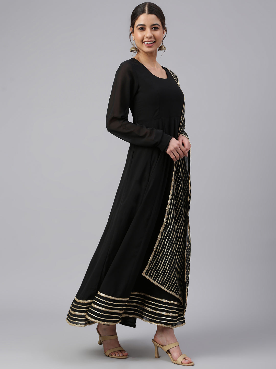 Janasya Women's Black Georgette Solid Kurta With Dupatta - Distacart