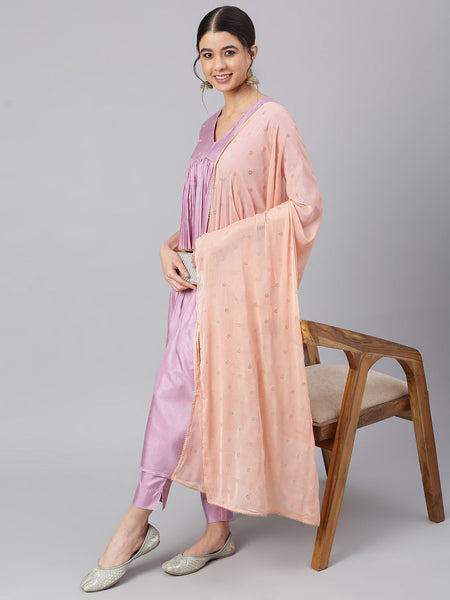 Janasya Women's Mauve Poly Silk Solid Kurta With Pant And Dupatta