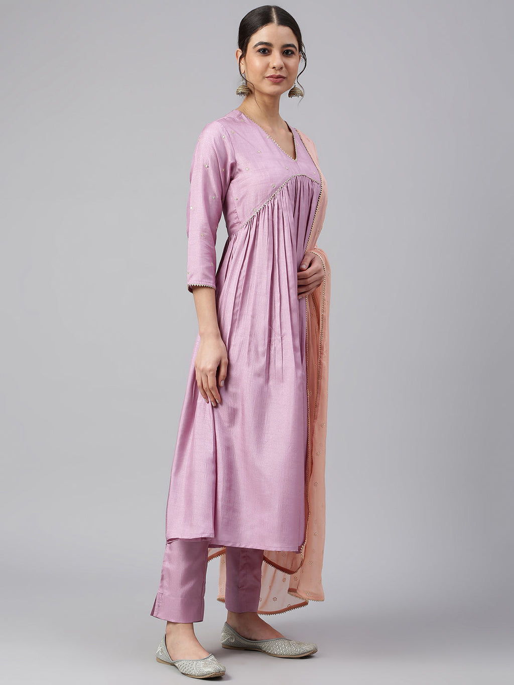 Janasya Women's Mauve Poly Silk Solid Kurta With Pant And Dupatta - Distacart