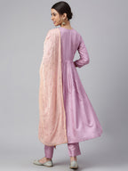 Janasya Women's Mauve Poly Silk Solid Kurta With Pant And Dupatta - Distacart
