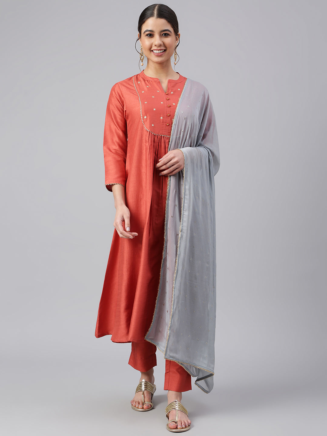Janasya Women's Rust Dola Silk Solid Kurta With Pant And Dupatta - Distacart