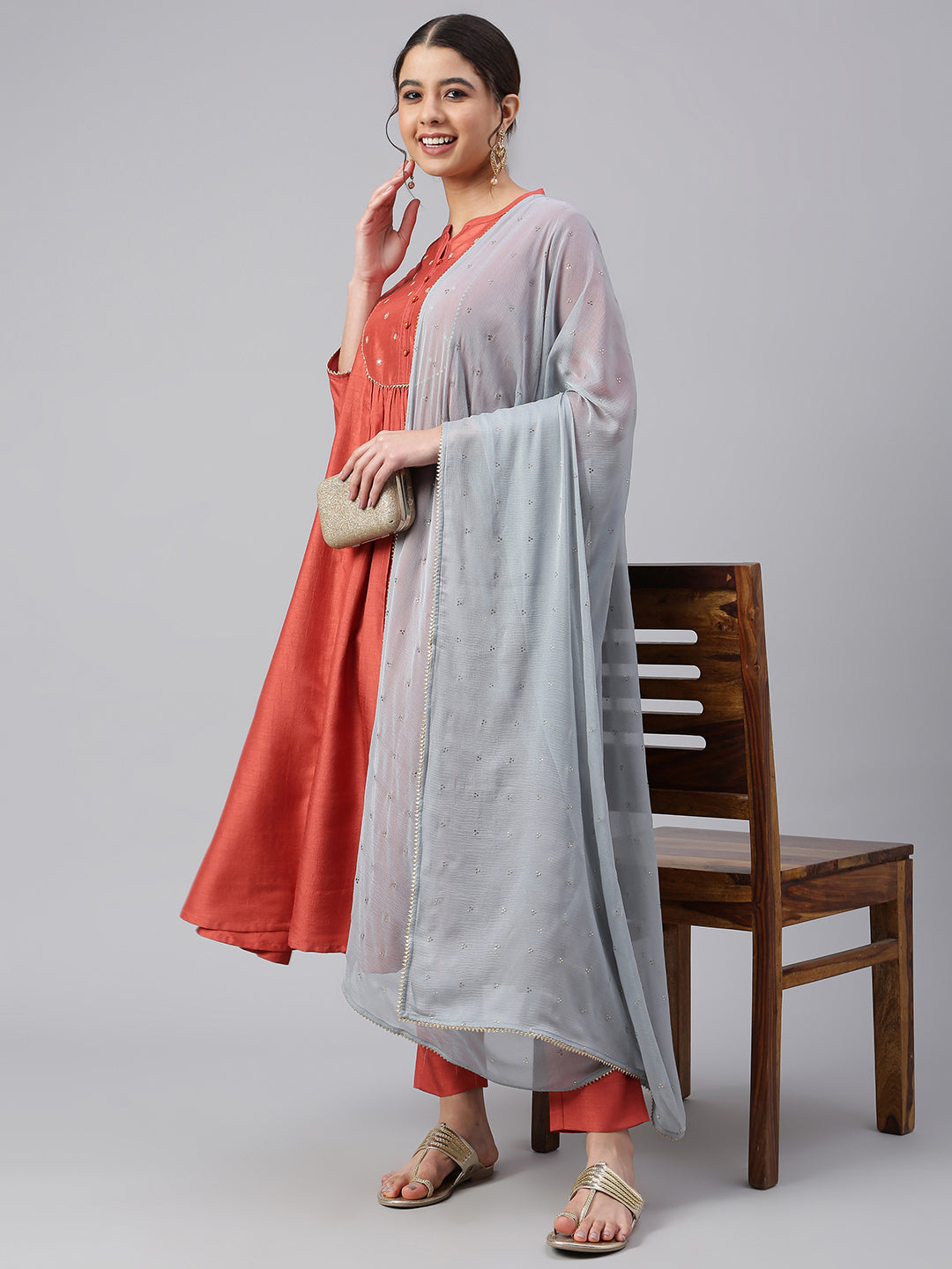 Janasya Women's Rust Dola Silk Solid Kurta With Pant And Dupatta - Distacart