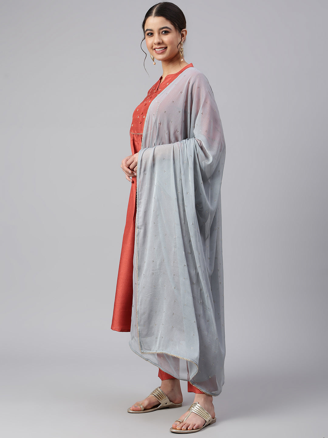 Janasya Women's Rust Dola Silk Solid Kurta With Pant And Dupatta - Distacart
