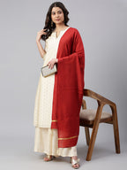 Janasya Women's Beige Chanderi Silk Woven Kurta With Palazzo And Dupatta - Distacart