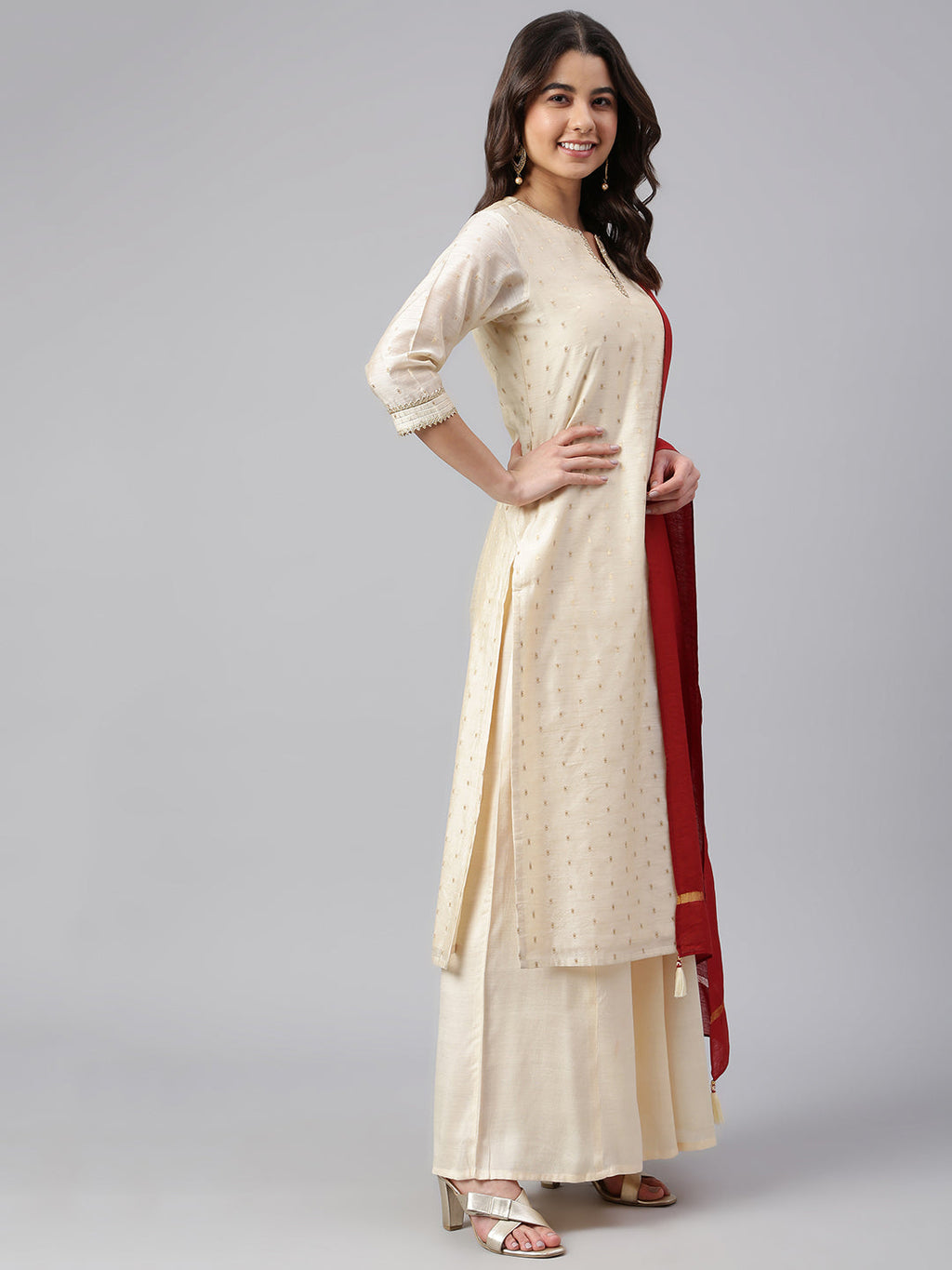 Janasya Women's Beige Chanderi Silk Woven Kurta With Palazzo And Dupatta - Distacart