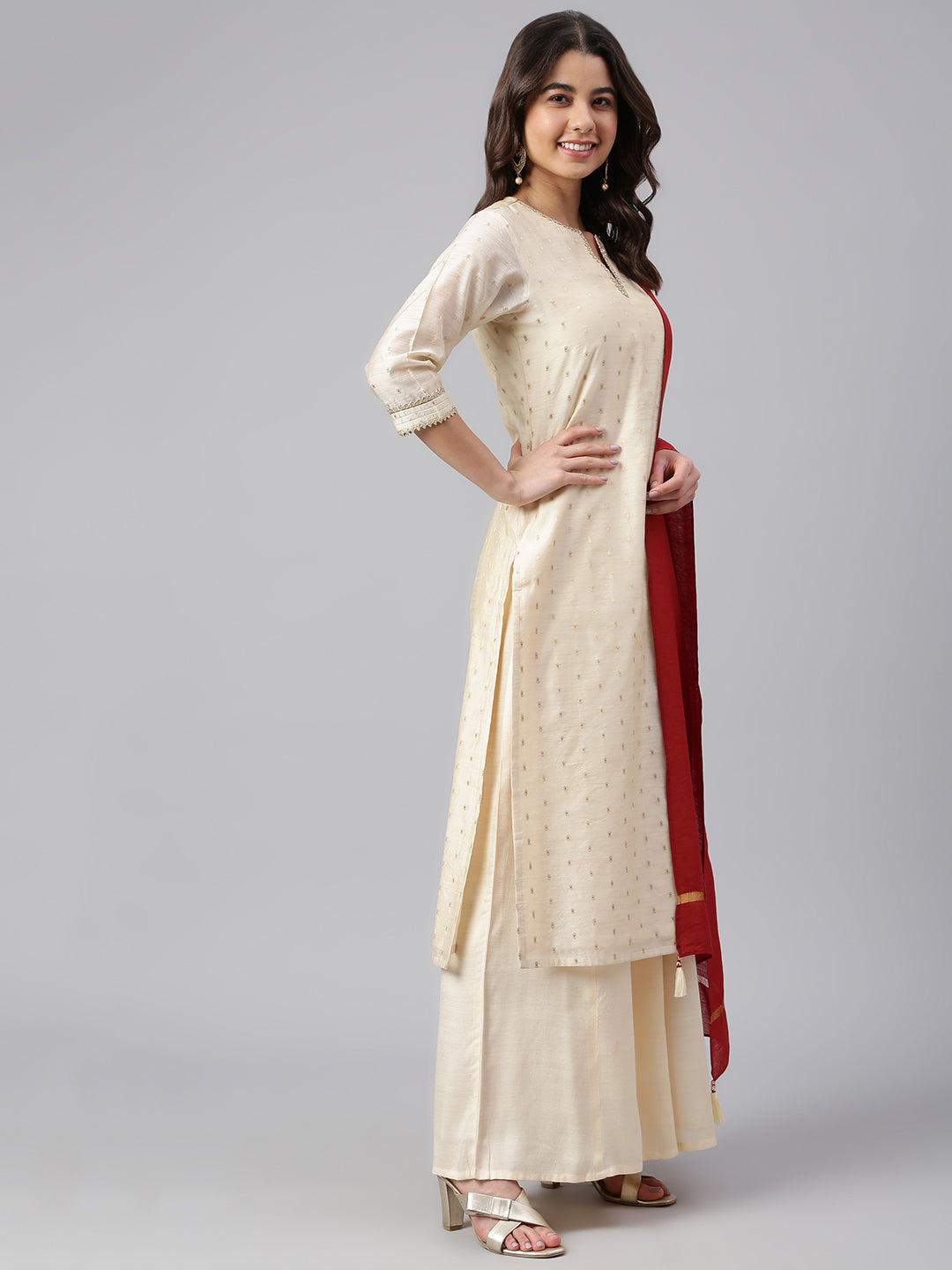 Janasya Women's Beige Chanderi Silk Woven Kurta With Palazzo And Dupatta - Distacart