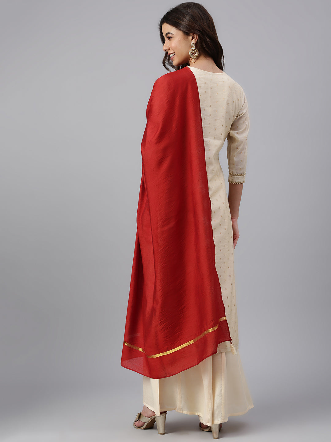 Janasya Women's Beige Chanderi Silk Woven Kurta With Palazzo And Dupatta - Distacart