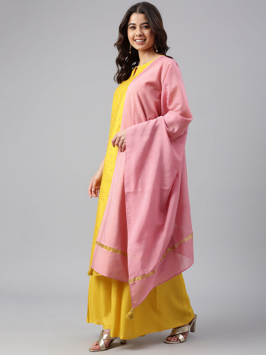 Janasya Women's Yellow Chanderi Silk Woven Kurta With Palazzo And Dupatta - Distacart