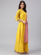 Janasya Women's Yellow Chanderi Silk Woven Kurta With Palazzo And Dupatta - Distacart
