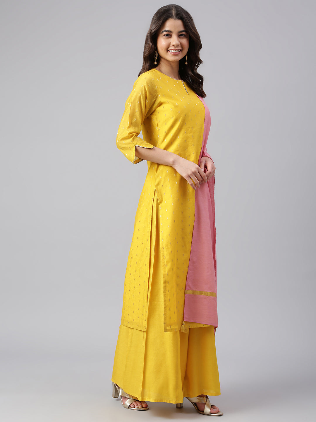 Janasya Women's Yellow Chanderi Silk Woven Kurta With Palazzo And Dupatta - Distacart