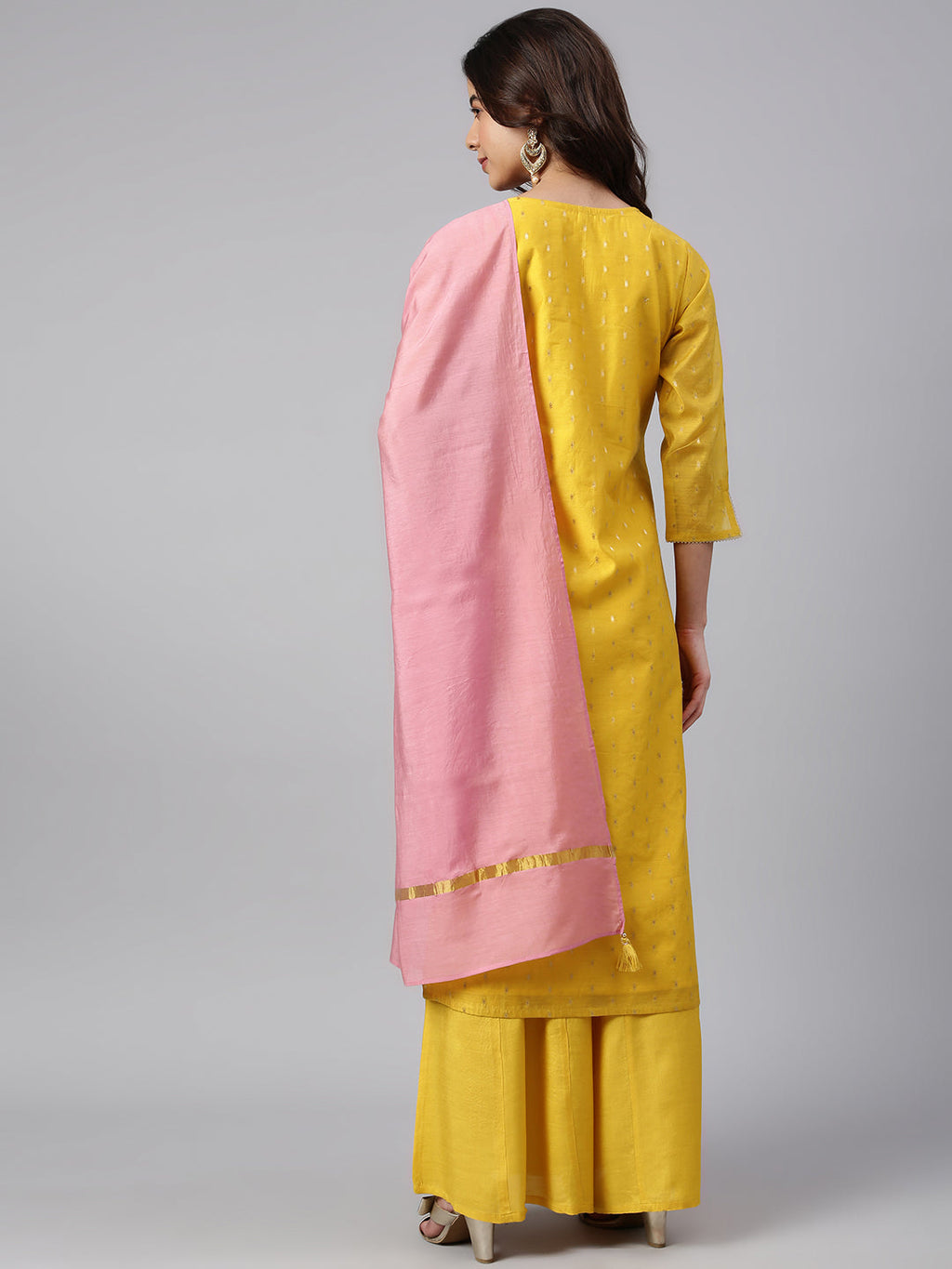 Janasya Women's Yellow Chanderi Silk Woven Kurta With Palazzo And Dupatta - Distacart