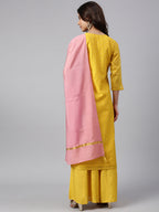Janasya Women's Yellow Chanderi Silk Woven Kurta With Palazzo And Dupatta - Distacart
