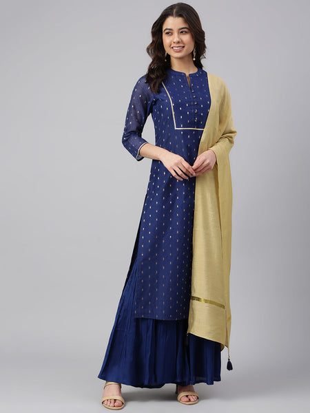 Janasya Women's Dark Blue Chanderi Silk Woven Kurta With Sharara And Dupatta