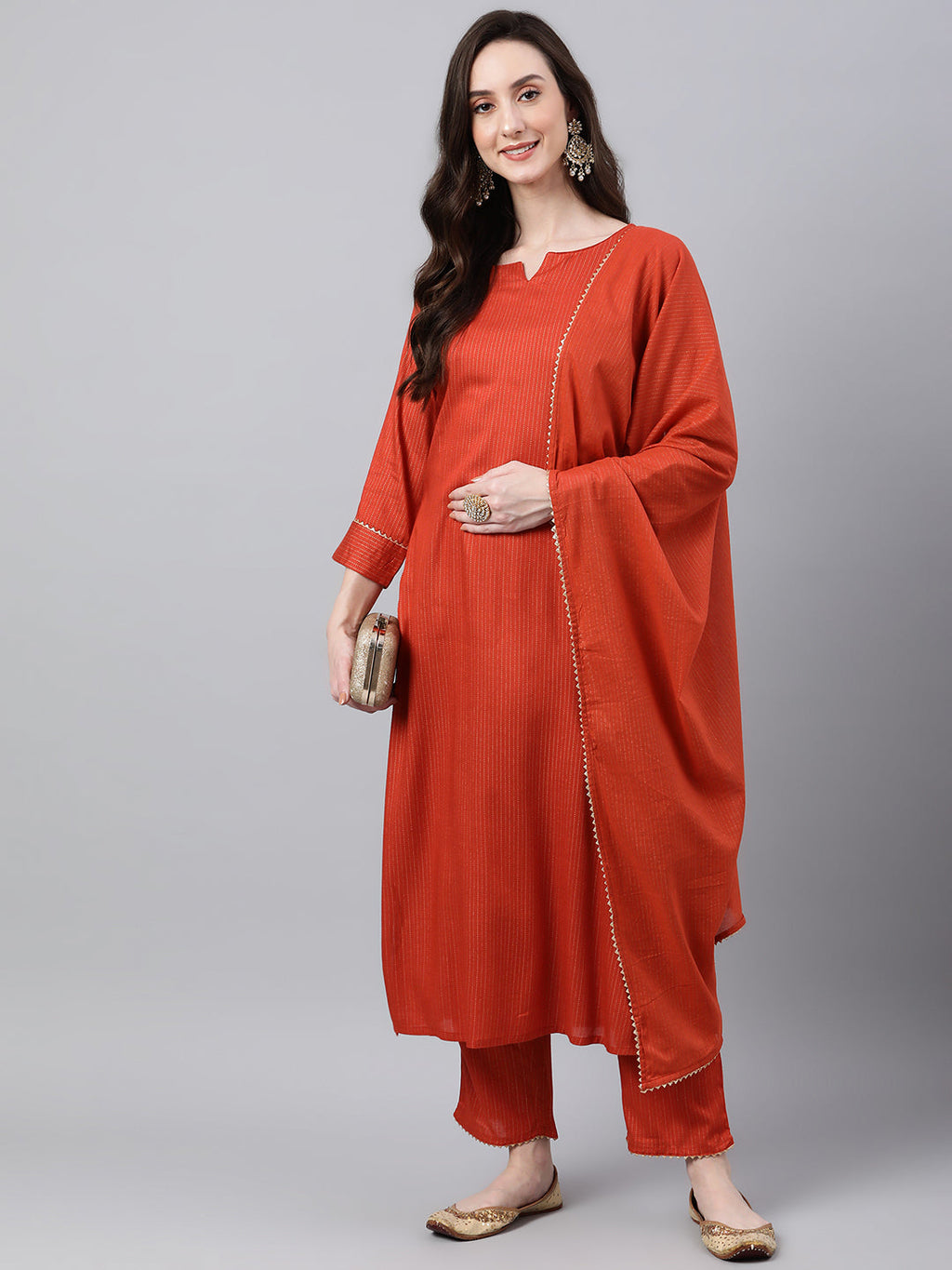 Janasya Women's Orange Rayon Striped Kurta With Pant And Dupatta - Distacart