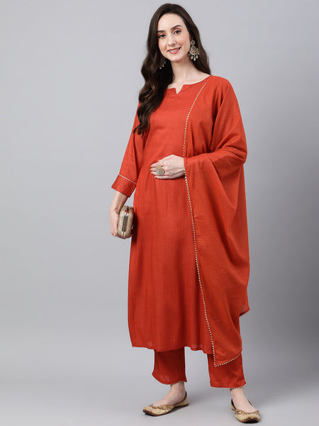 Janasya Women's Orange Rayon Striped Kurta With Pant And Dupatta