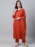 Janasya Women's Orange Rayon Striped Kurta With Pant And Dupatta - Distacart