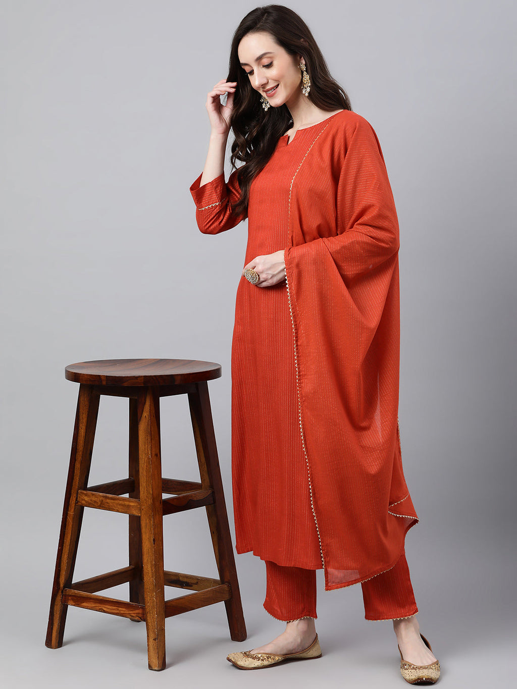 Janasya Women's Orange Rayon Striped Kurta With Pant And Dupatta - Distacart