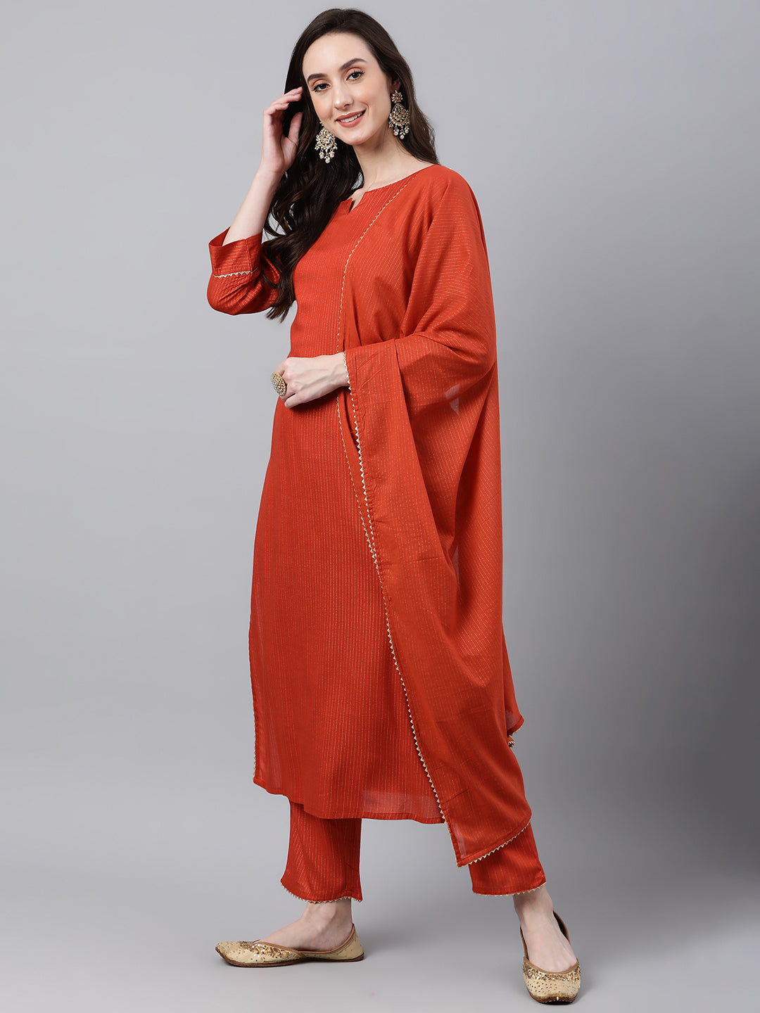 Janasya Women's Orange Rayon Striped Kurta With Pant And Dupatta - Distacart